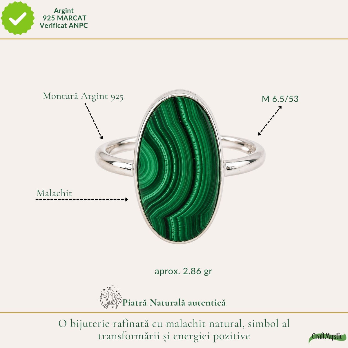 Inel Argint 925 cu Malachit Oval – Protecție și Echilibru Feminin