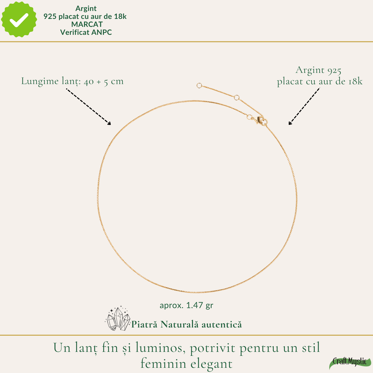 Lanț Argint 925 placat cu Aur 18K unisex fin