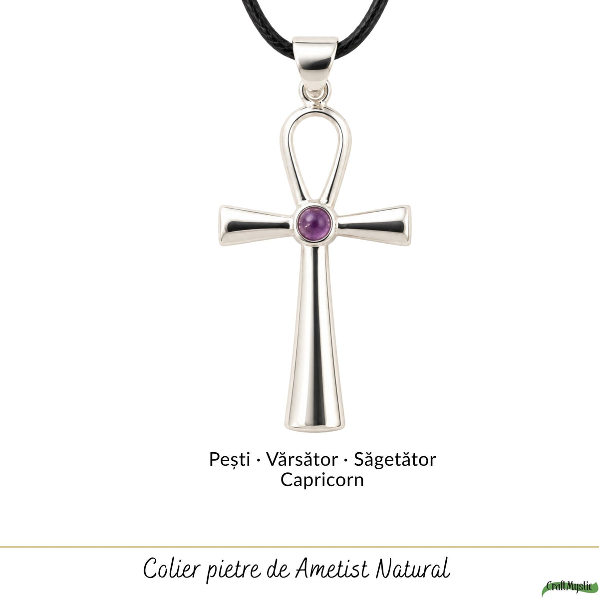 Colier cu Ametist natural și pandantiv Ankh