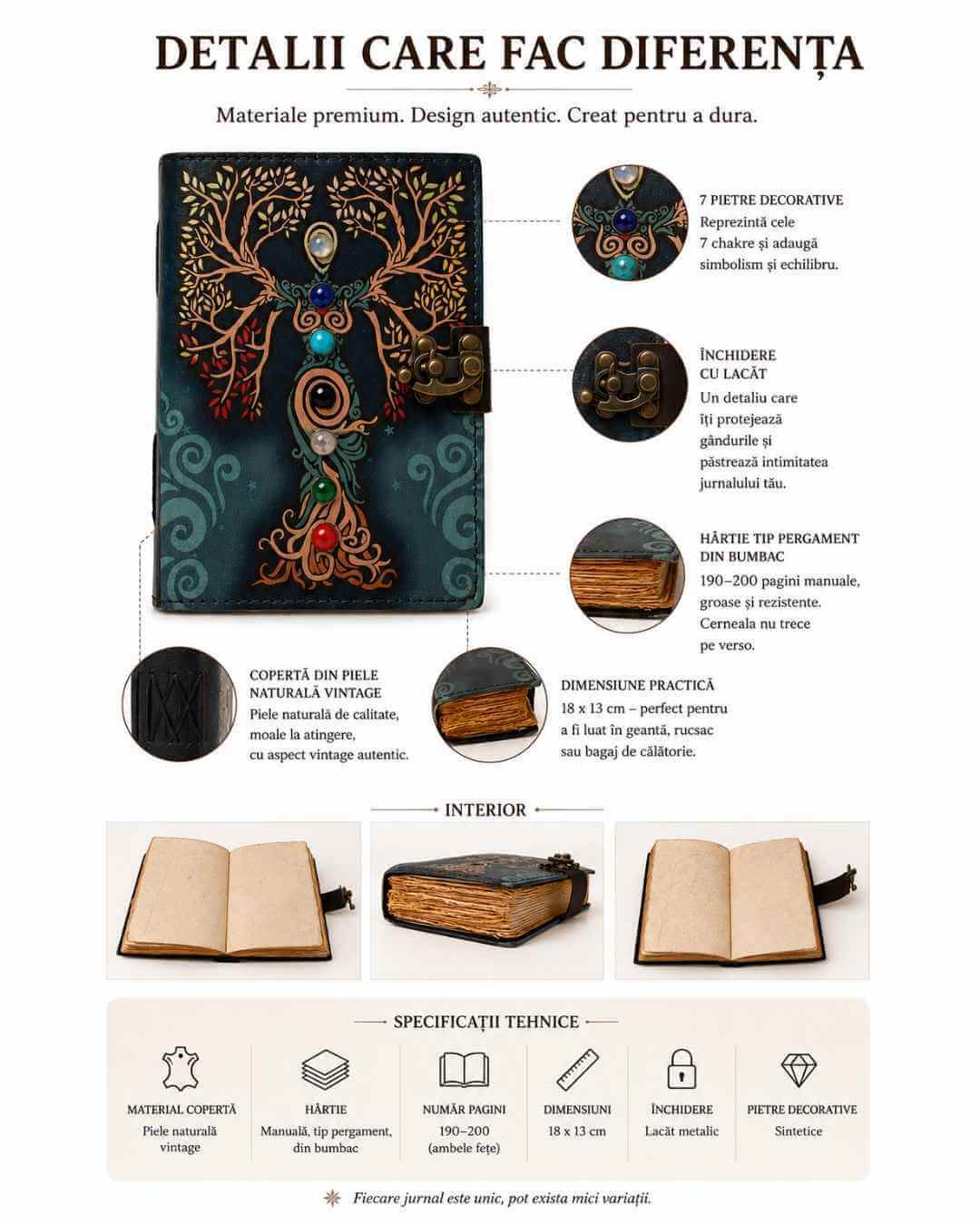 Jurnal vintage pentru magie model „Book of Shadow” cu 7 pietre pentru cele 7 chakre - Jurnal cu inchidere cu lacat, handmade din piele vintage 20x15 cm