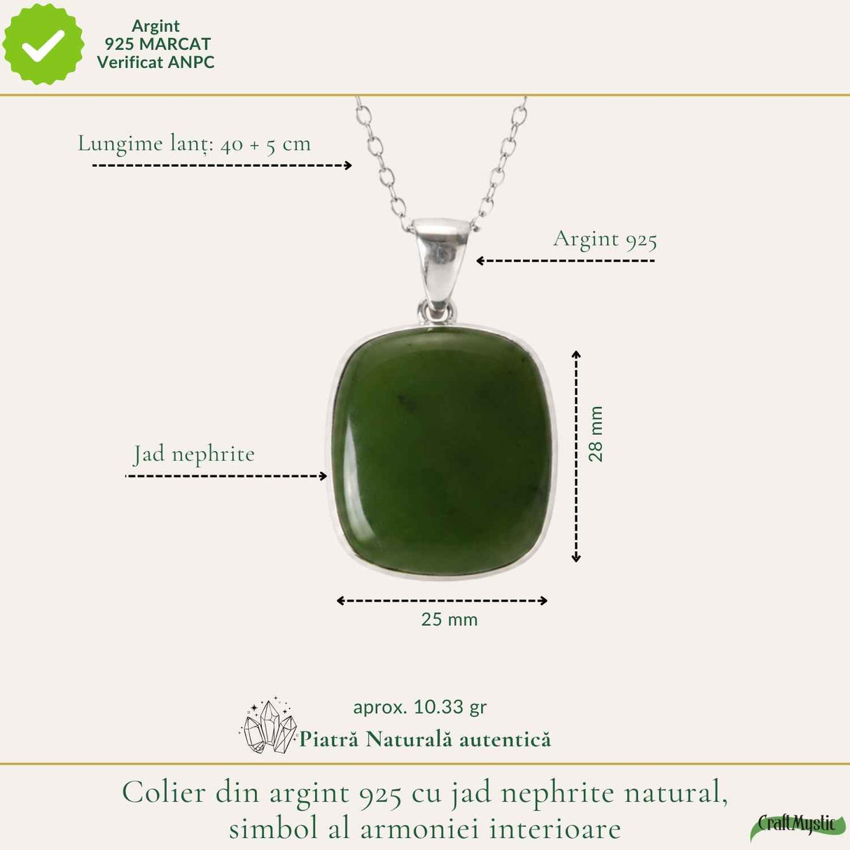 Colier Argint 925 cu Jad Nefrit Natural – Simbol al Armoniei si Prosperitatii