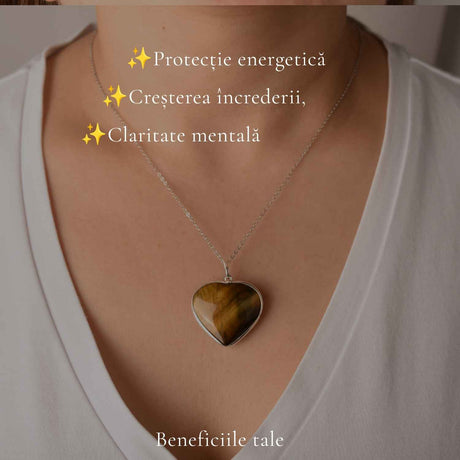 Colier Argint 925 cu Piatra Naturala Ochi de Tigru Inima – Curaj si Incredere
