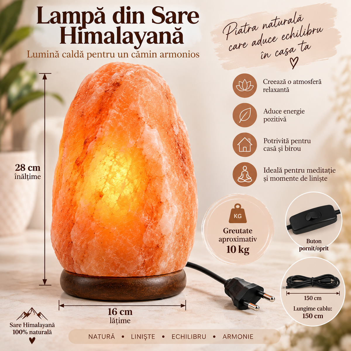Lampă din Sare Himalayană naturală 10 kg, 28 cm