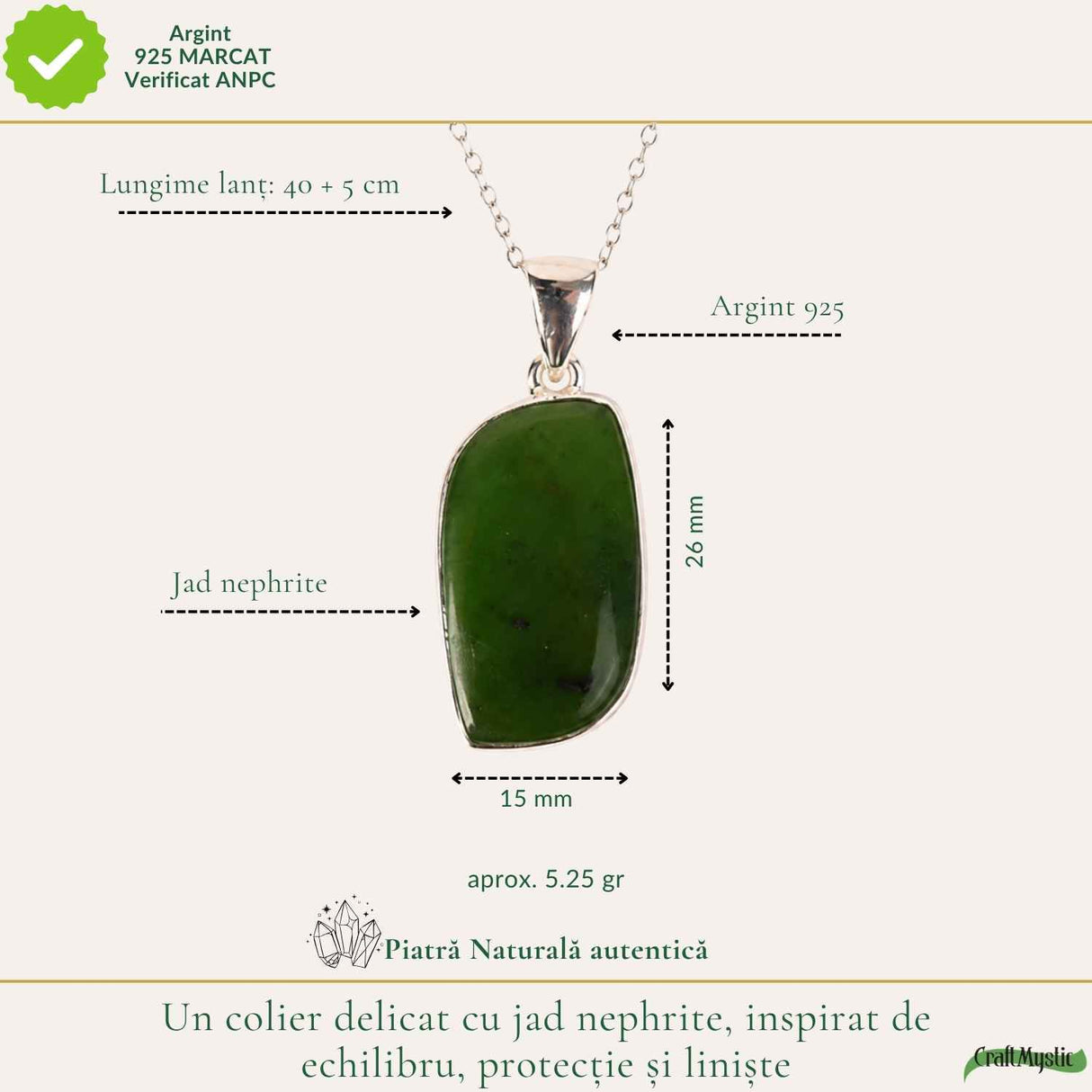 Colier Argint 925 cu Jad Nefrit Natural Delica – Simbol al Armoniei si Prosperitatii
