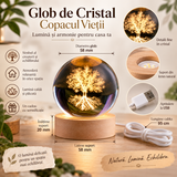 Lampă glob din sticlă Copacul Vieții cu bază din lemn