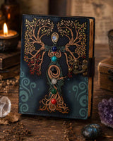 Jurnal vintage pentru magie model „Book of Shadow” cu 7 pietre pentru cele 7 chakre - Jurnal cu inchidere cu lacat, handmade din piele vintage 20x15 cm