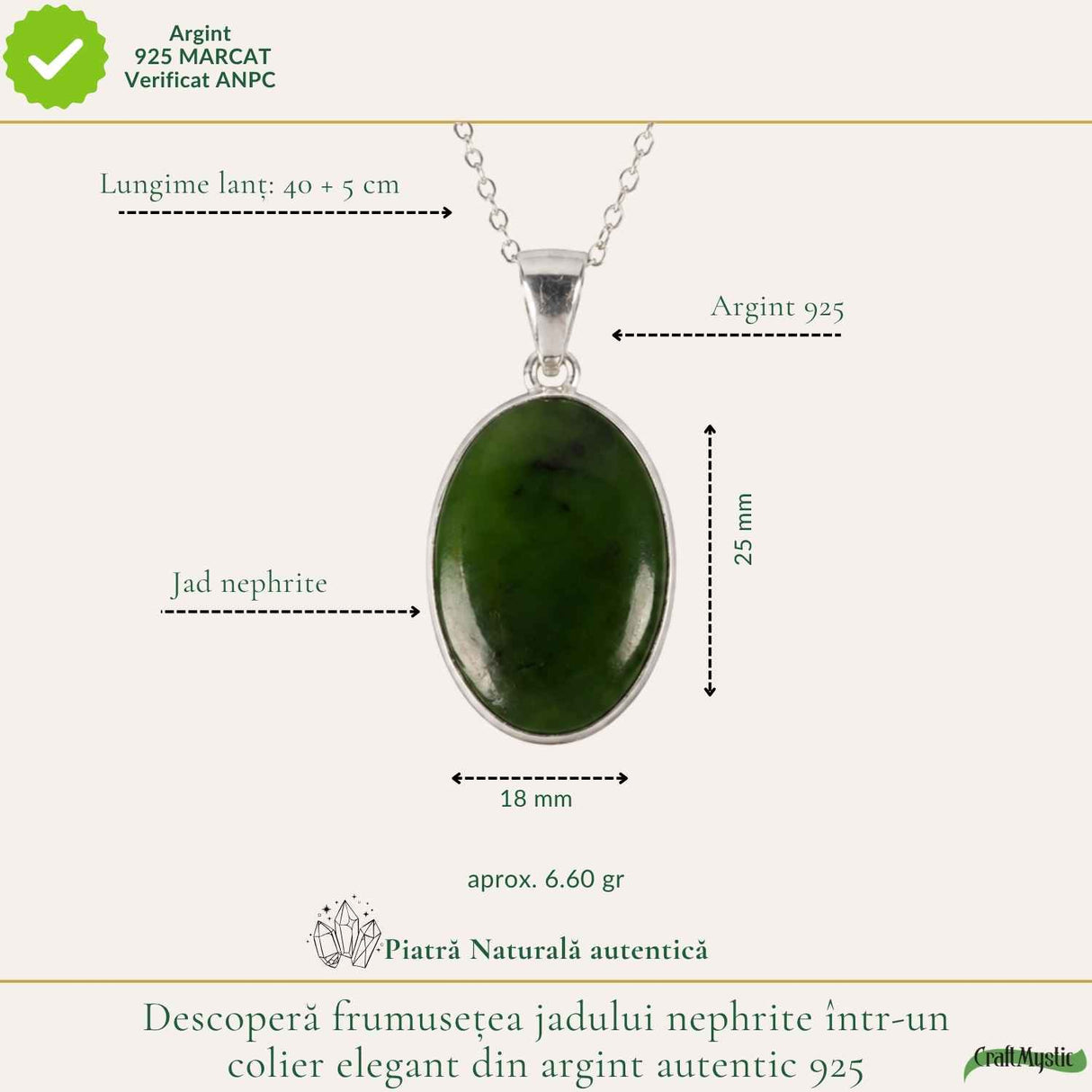 Colier Argint 925 cu Jad Nefrit Natural Oval – Simbol al Armoniei si Prosperitatii