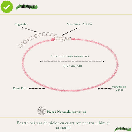 Cuarț roz fațetat, pietre rotunde de 2 mm, pe brățară de picior