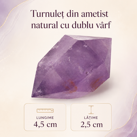 Ametist natural cu incluziuni, în formă de turn cu dublu vârf
