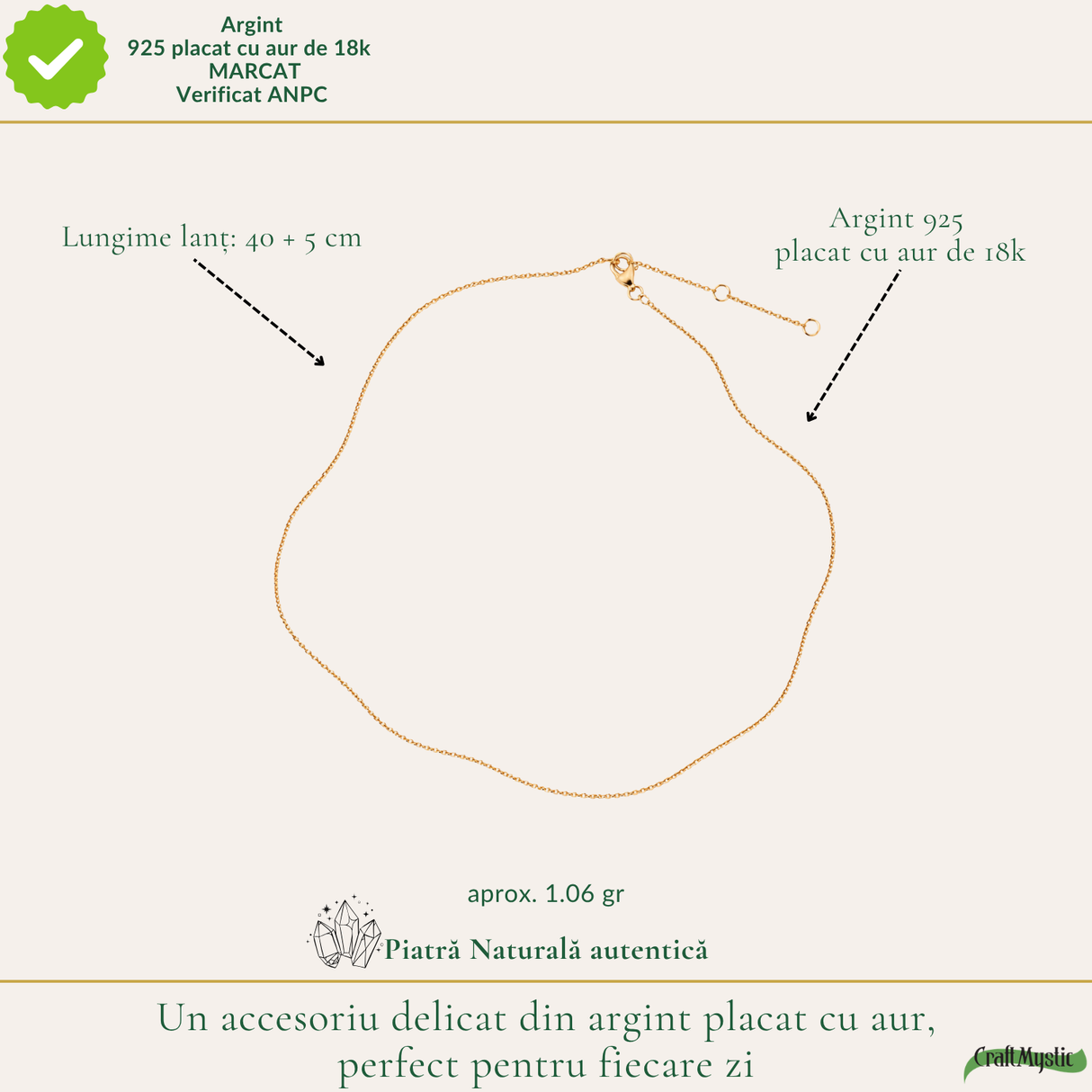 Lanț Argint 925 placat cu Aur 18K unisex cu zale fine