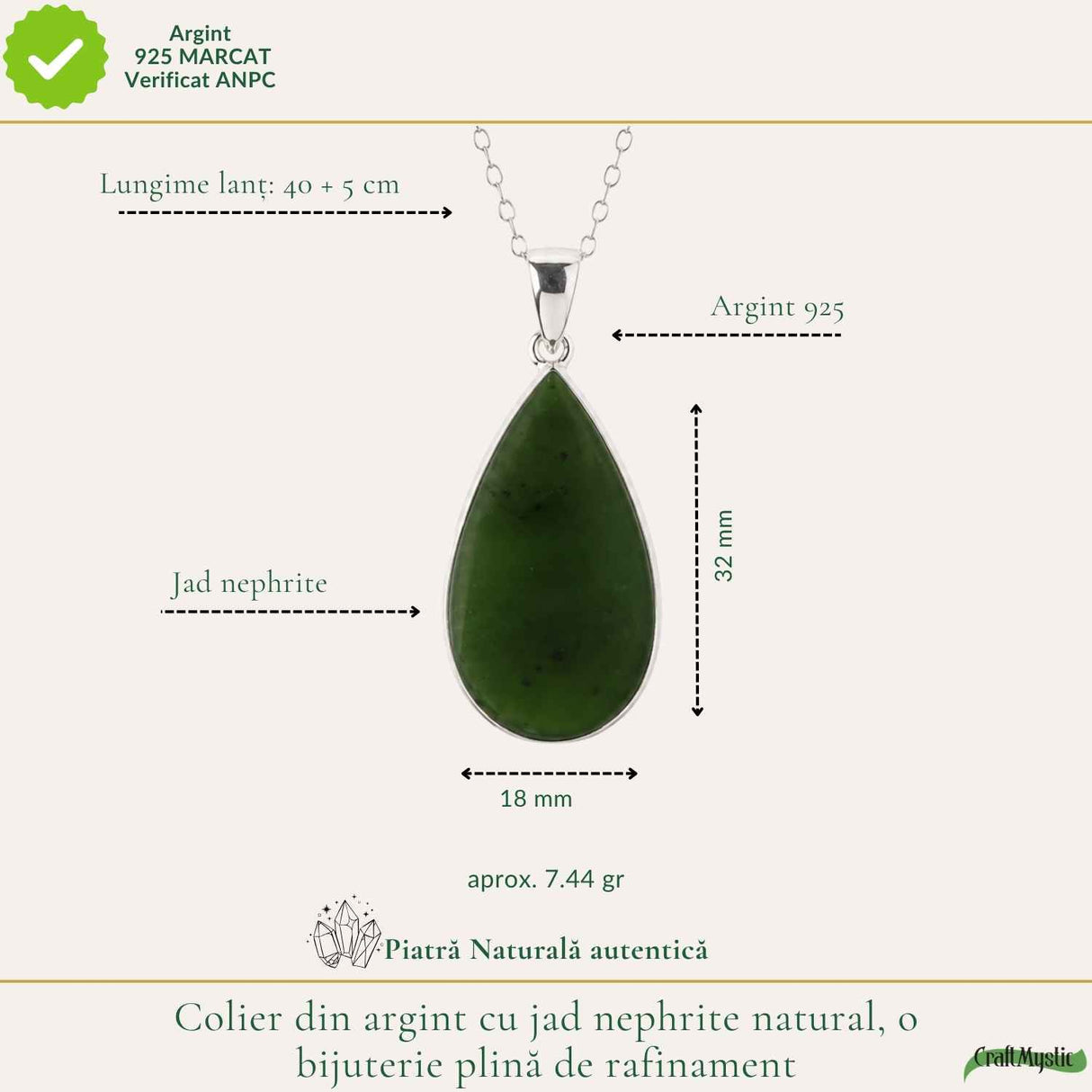Colier Argint 925 cu Jad Nefrit Natural Lacrima – Simbol al Armoniei si Prosperitatii