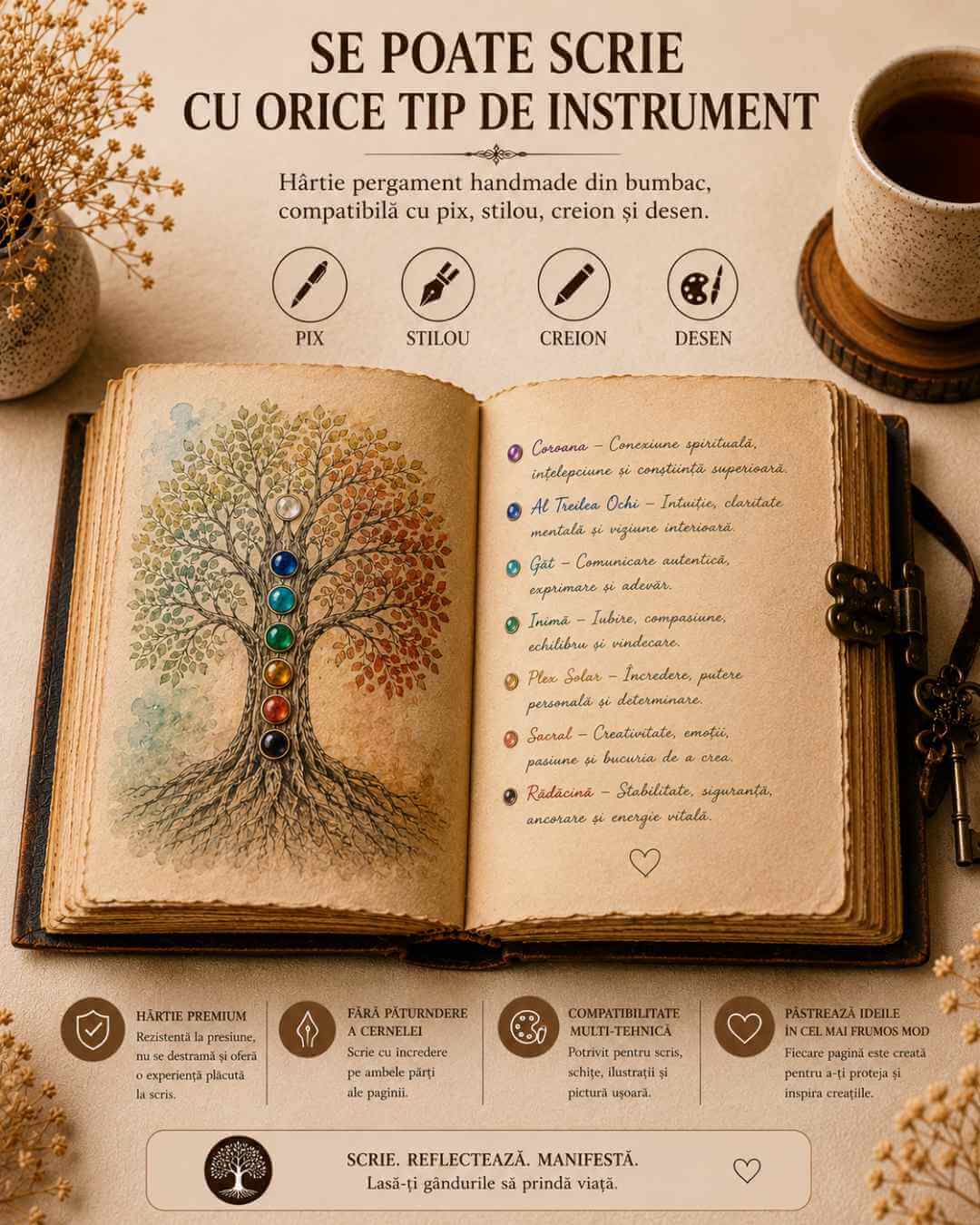 Jurnal vintage pentru magie model „Book of Shadow” cu 7 pietre pentru cele 7 chakre - Jurnal cu inchidere cu lacat, handmade din piele vintage 20x15 cm