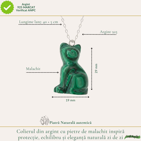 Colier Argint 925 cu Malachit Natural Pisica – Protectie si Transformare Interioara