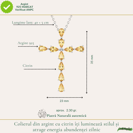 Colier Argint 925 cu Citrin Natural Fatetat in Forma de Cruce – Bucurie si Abundenta