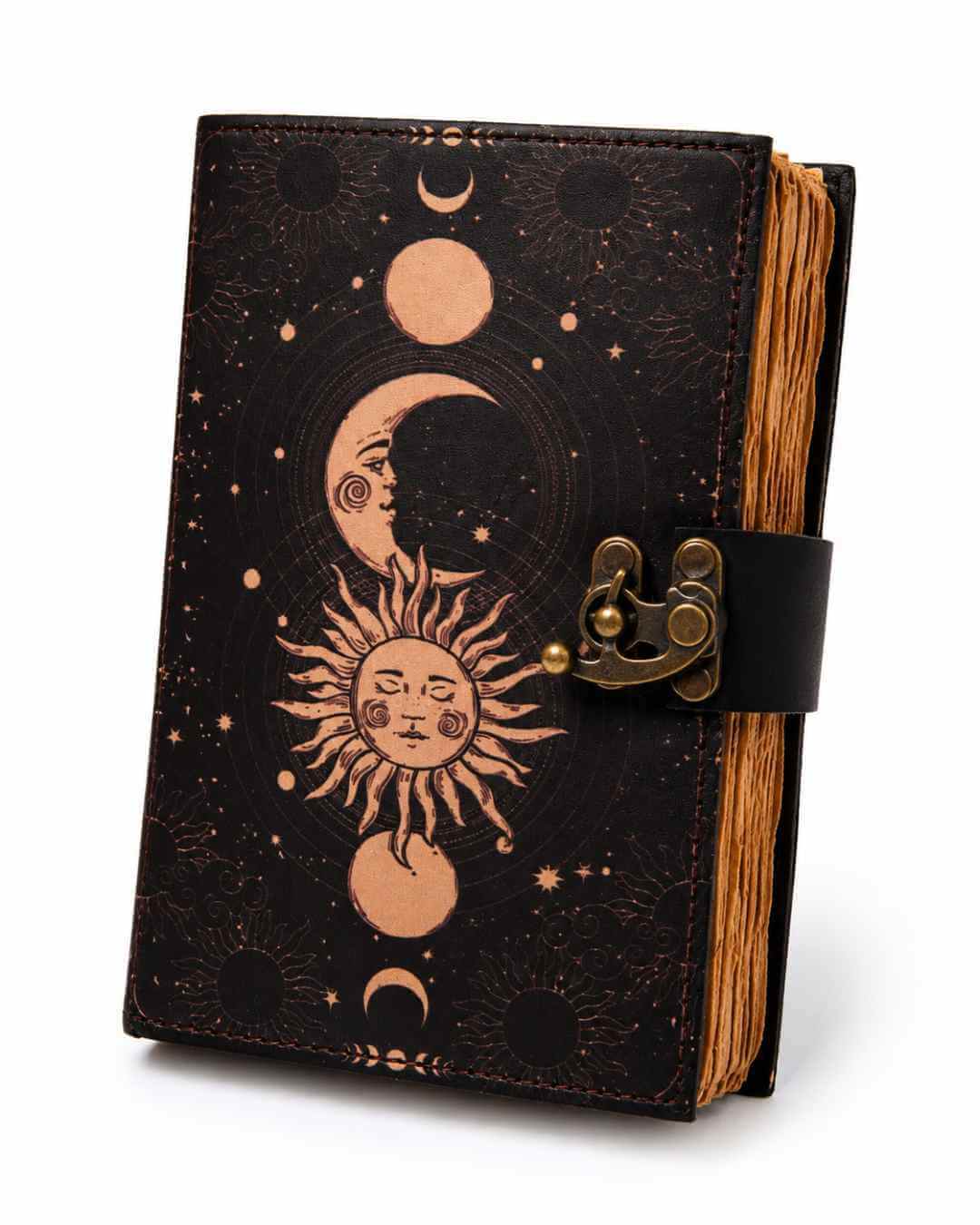 Jurnal Vintage din Piele cu Design Soare și Lună - Manual, cu Pagini de Hârtie tip pergament 190-200 Pagini