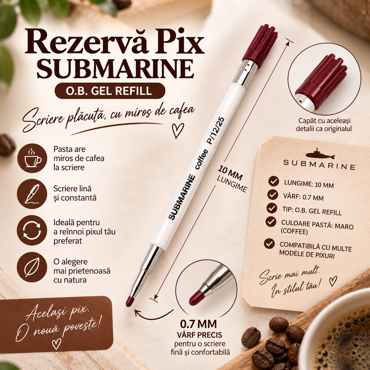 Rezervă pix Submarine Coffee O.B. Gel 0.7 mm cu miros de cafea