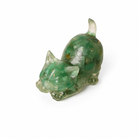 Figurina Pisica din Aventurin Verde Natural cu Insertii Aurii 5.7 cm – Prosperitate si Noroc