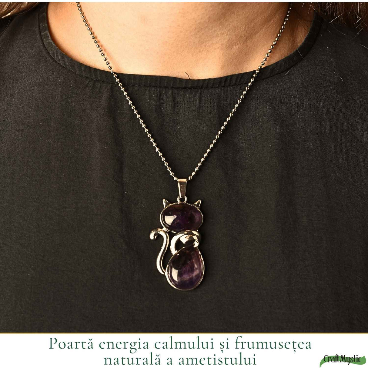 Colier cu Ametist Natural in Forma de Pisica – Protectie, Intuitie si Calm Interior