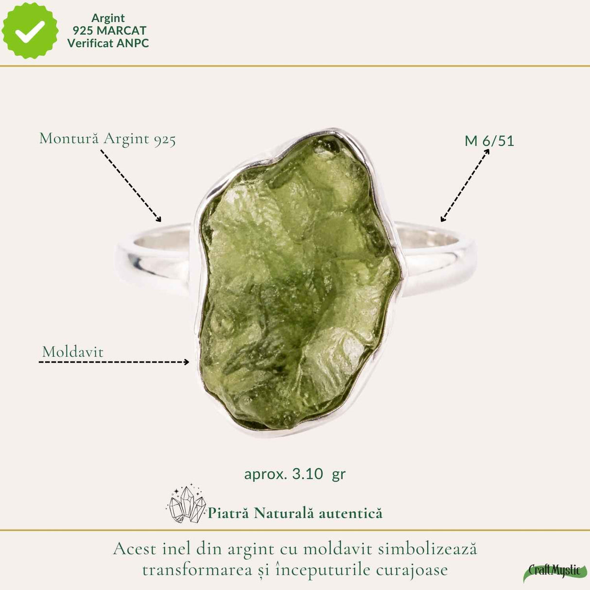 Inel din argint 925 cu Moldavit, cadou pentru iubitorii de cristale rare