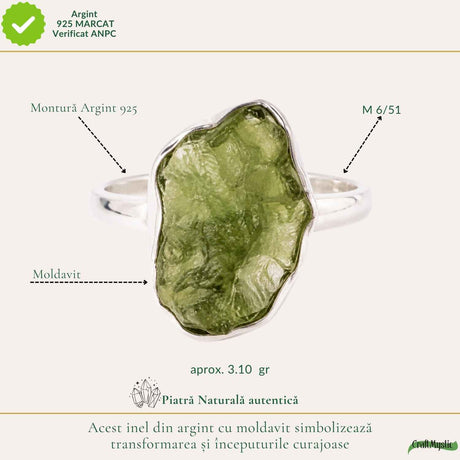 Inel din argint 925 cu Moldavit, cadou pentru iubitorii de cristale rare