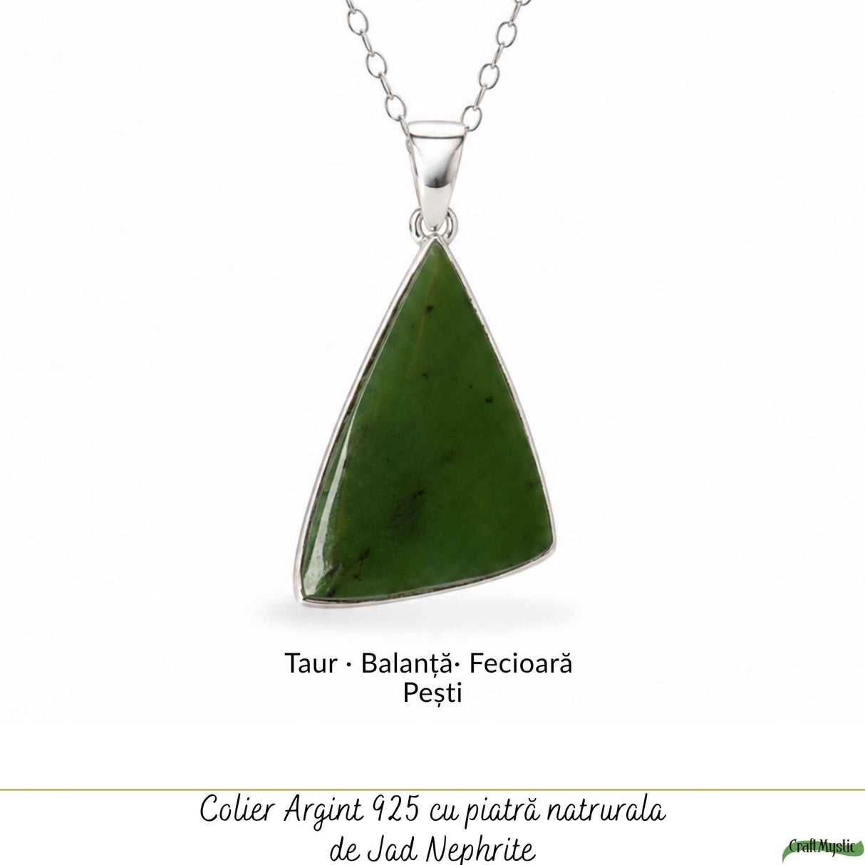 Colier Argint 925 cu Jad Nefrit Natural Triunghi – Simbol al Armoniei si Prosperitatii