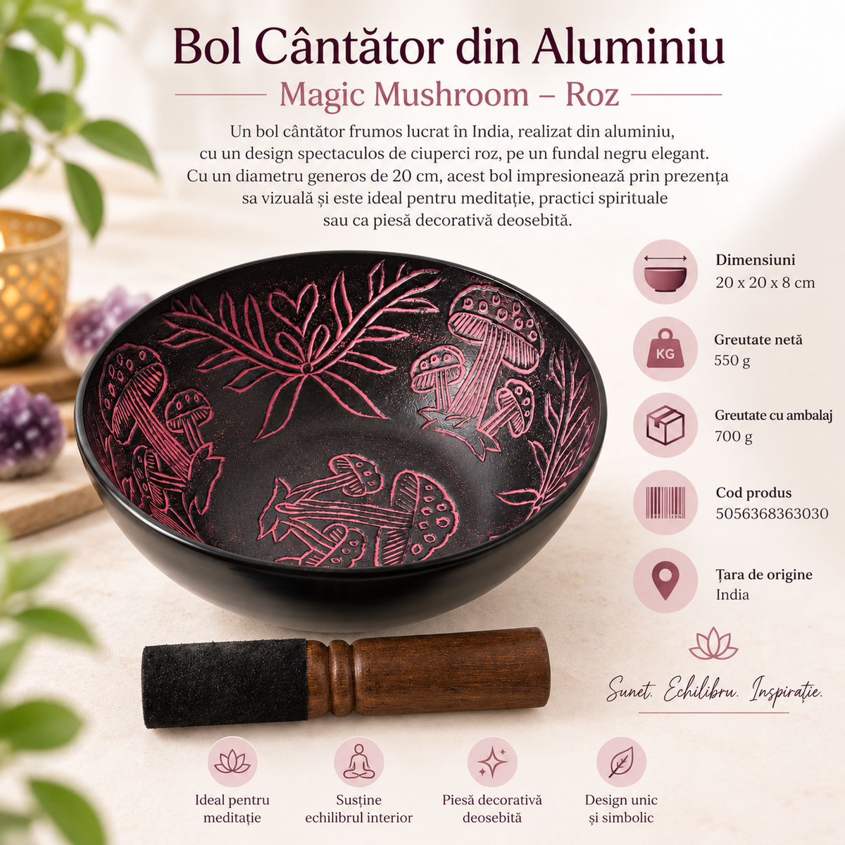 Bol cântător din aluminiu Magic Mushroom roz 20 cm