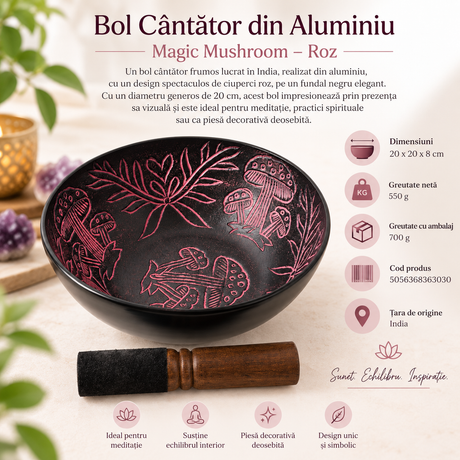 Bol cântător din aluminiu Magic Mushroom roz 20 cm