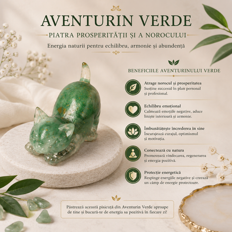 Figurina Pisica din Aventurin Verde Natural cu Insertii Aurii 5.7 cm – Prosperitate si Noroc