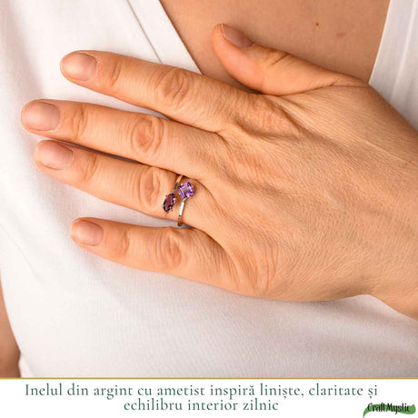 Inel Argint 925 ajustabil cu Piatra Naturala de Ametist Fatetat – Claritate si Echilibru Interior