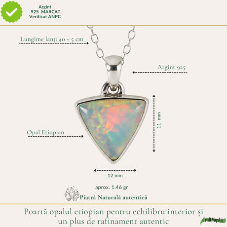 Colier Argint 925 cu Piatra Naturala de Opal Etiopian Triunghi – Inspiratie si Echilibru