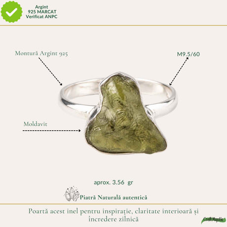 Inel din argint 925 cu Moldavit, cadou pentru iubitorii de cristale rare
