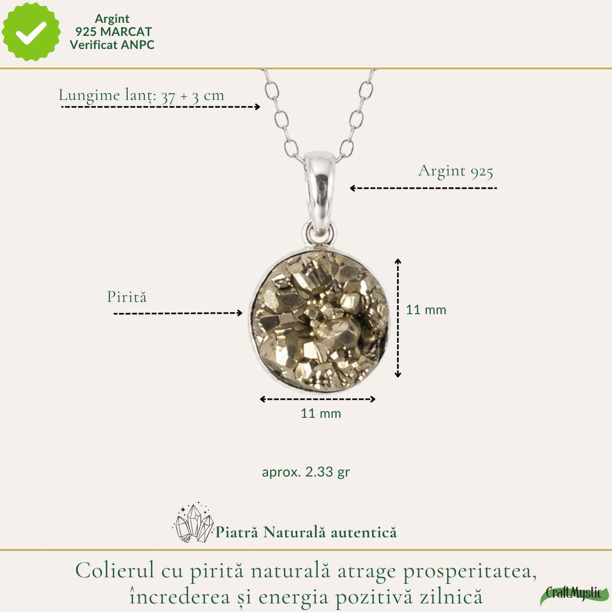 Colier Argint 925 cu Piatra Naturala de Pirita Rotunda – Prosperitate si Incredere
