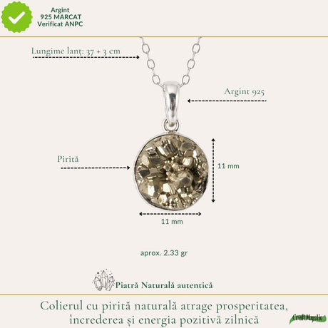 Colier Argint 925 cu Piatra Naturala de Pirita Rotunda – Prosperitate si Incredere