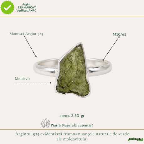 Inel din argint 925 cu Moldavit, cadou pentru iubitorii de cristale rare