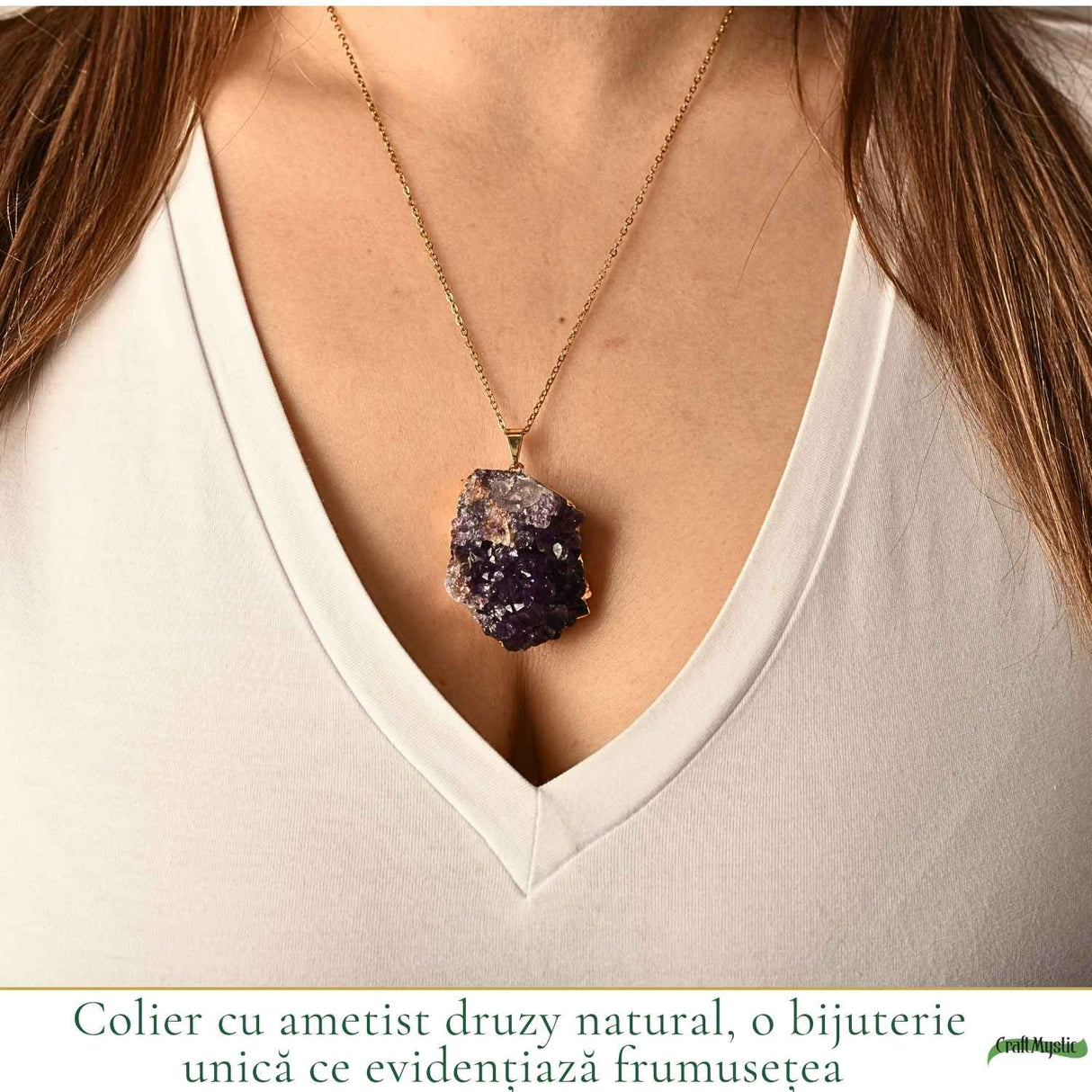Colier cu ametist druzy natural neuniform, lant otel inoxidabil, pentru echilibru interior