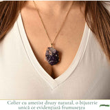 Colier cu ametist druzy natural neuniform, lant otel inoxidabil, pentru echilibru interior