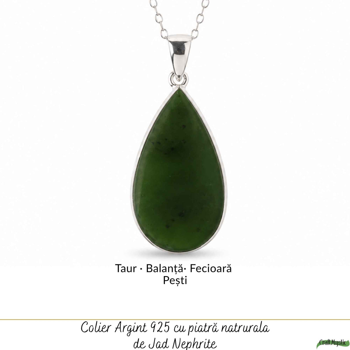 Colier Argint 925 cu Jad Nefrit Natural Lacrima – Simbol al Armoniei si Prosperitatii