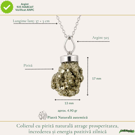 Colier Argint 925 cu Piatra Naturala de Pirita Bruta – Prosperitate si Putere Interioara
