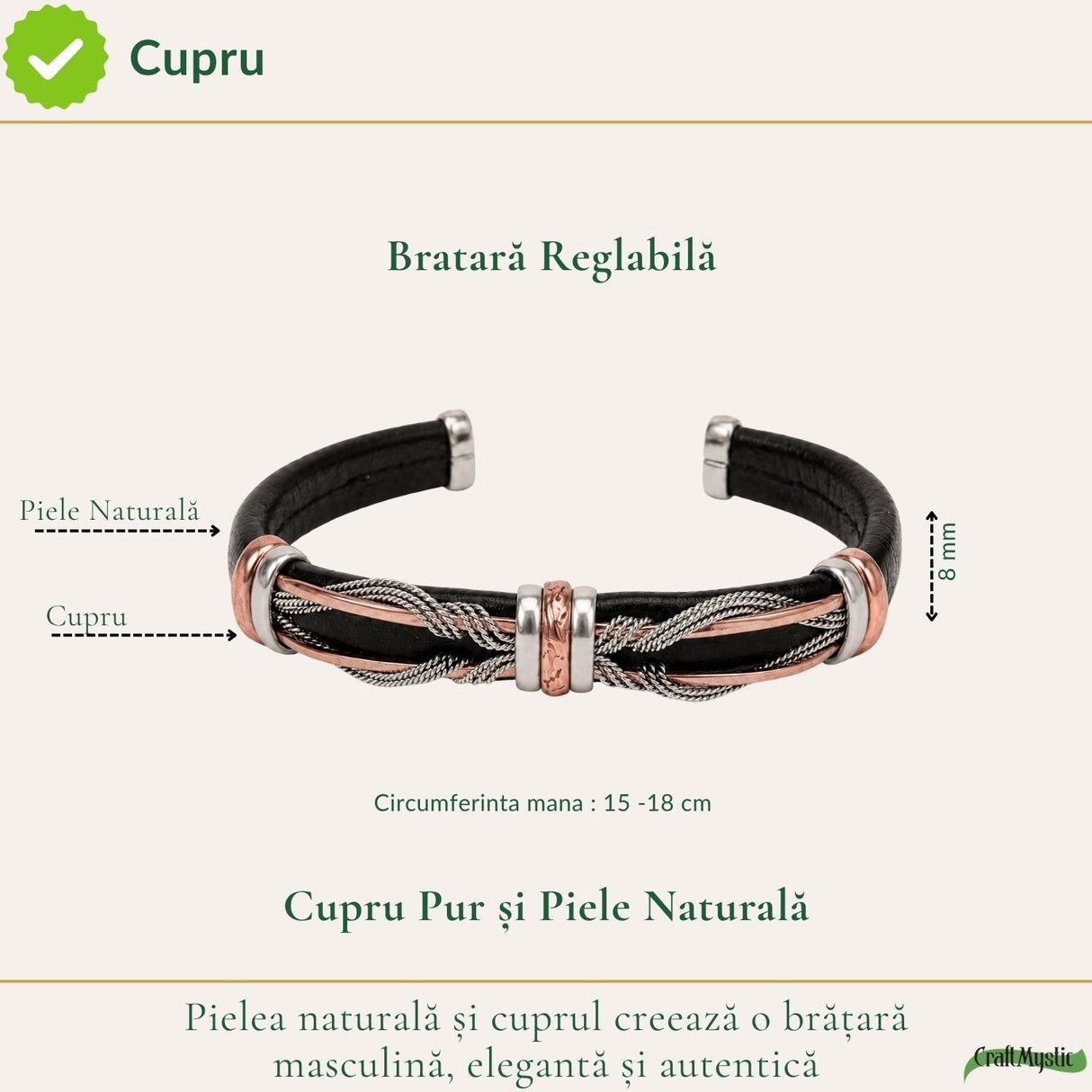 Cupru și piele naturală pe brățara bărbătească reglabilă