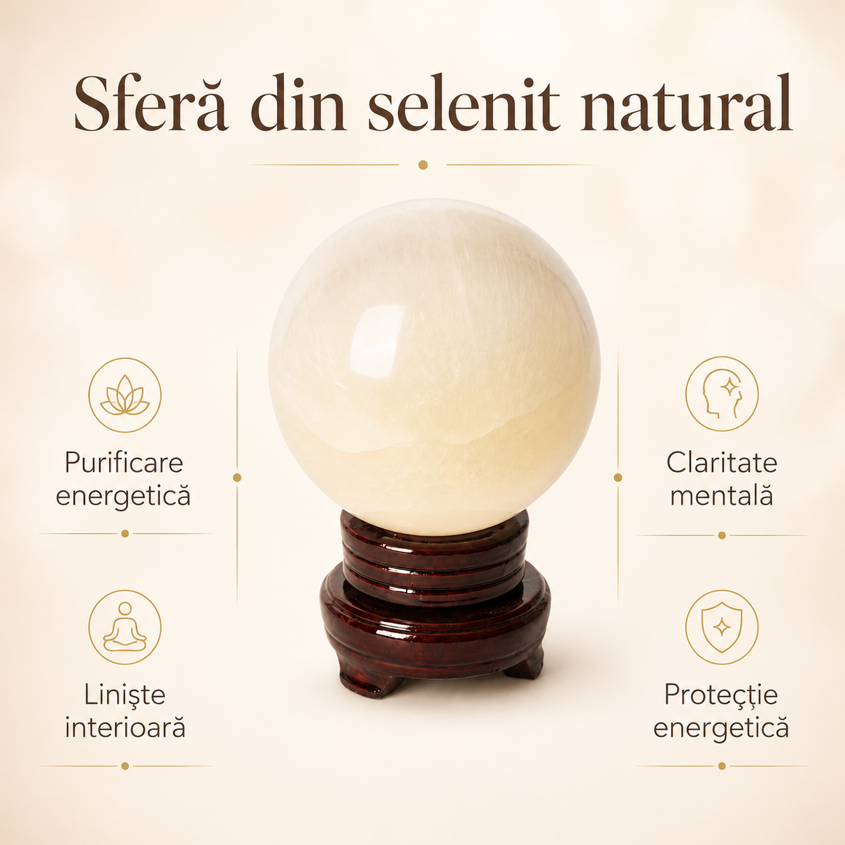 Selenit natural în formă de sferă, alb translucid