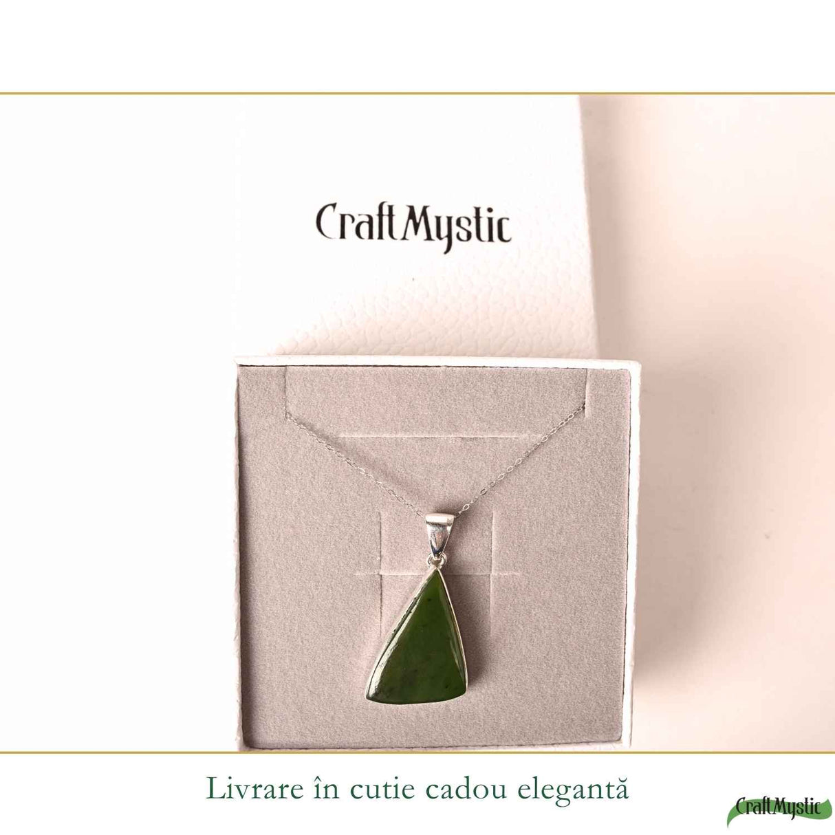 Colier Argint 925 cu Jad Nefrit Natural Triunghi – Simbol al Armoniei si Prosperitatii