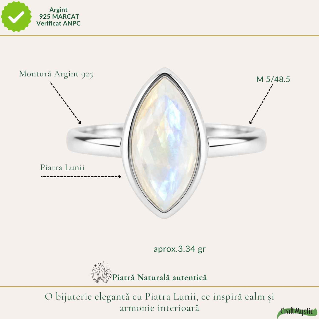 Inel Argint 925 cu Piatra Lunii Naturala Fatetata Delica – Intuitie si Echilibru
