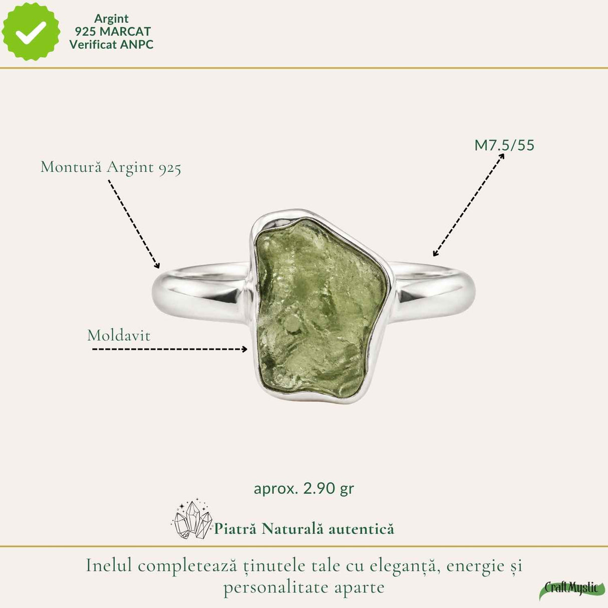 Inel din argint 925 cu Moldavit, cadou pentru iubitorii de cristale rare