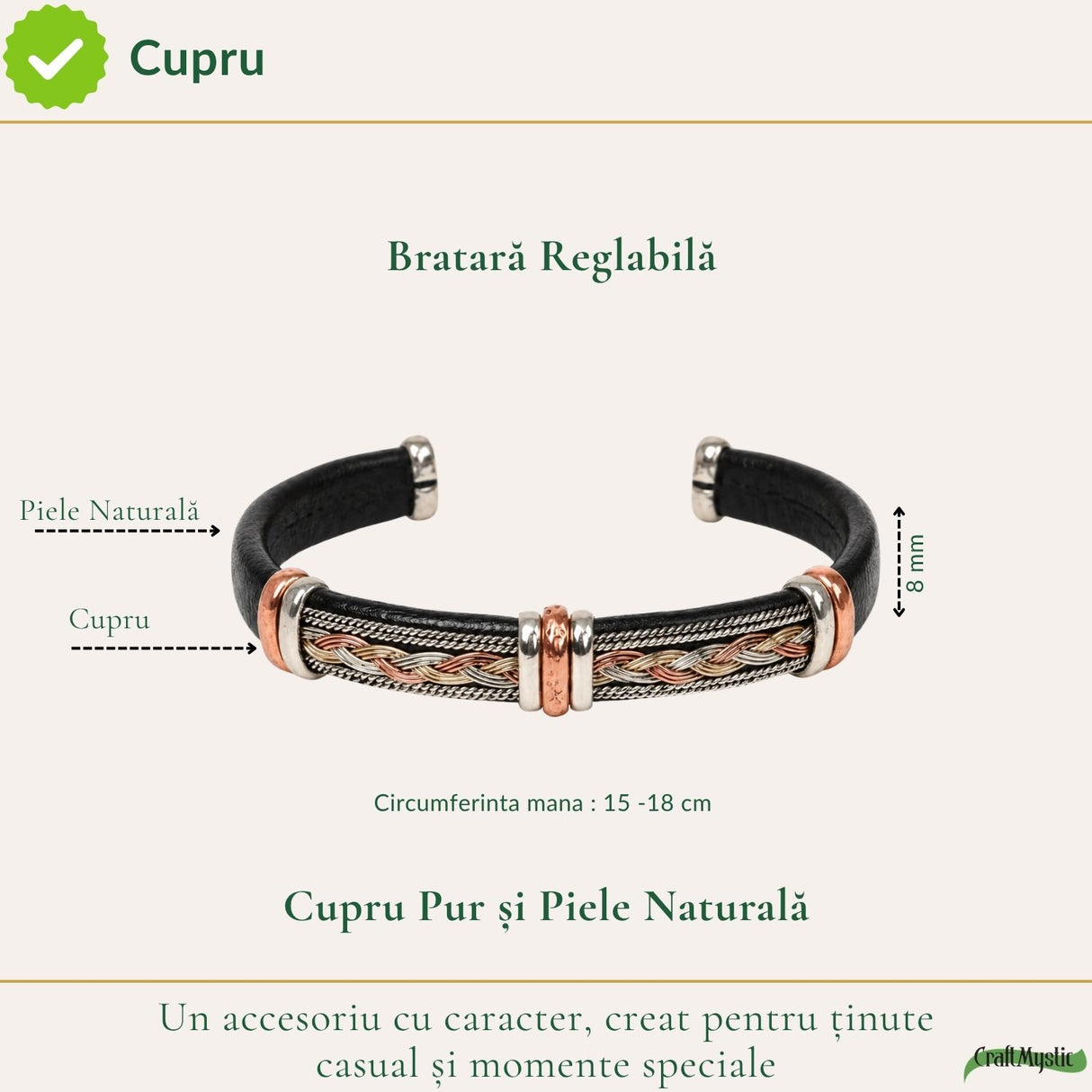 Cupru și piele naturală pe brățara bărbătească reglabilă
