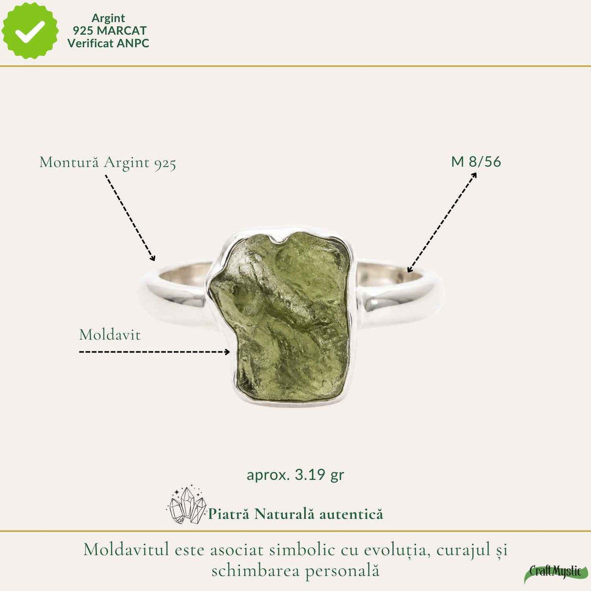 Inel din argint 925 cu Moldavit, cadou pentru iubitorii de cristale rare