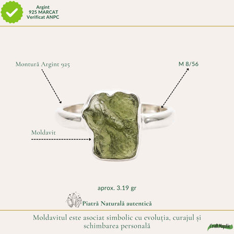 Inel din argint 925 cu Moldavit, cadou pentru iubitorii de cristale rare