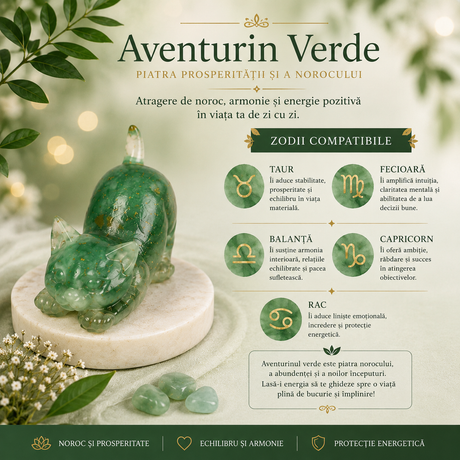 Figurina Pisica din Aventurin Verde Natural cu Insertii Aurii 5.7 cm – Prosperitate si Noroc
