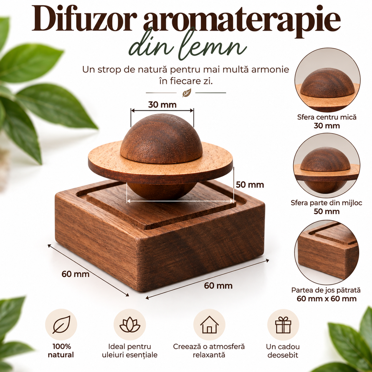 Difuzor aromaterapie din lemn cu sferă magnetică pentru uleiuri