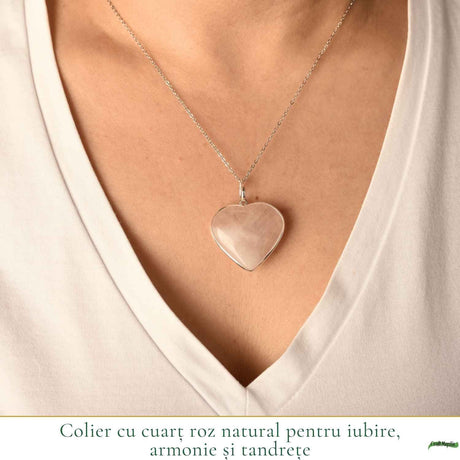 Colier Argint 925 cu Piatra Naturala de Cuart Roz Inima – Iubire si Armonie