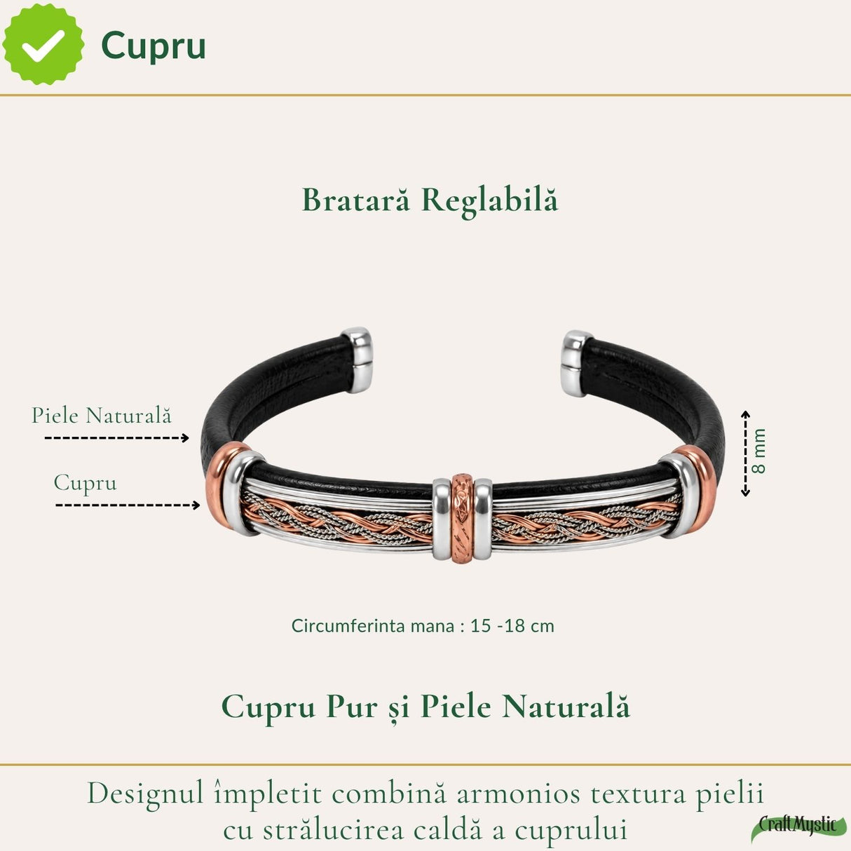 Cupru și piele naturală pe brățara bărbătească reglabilă